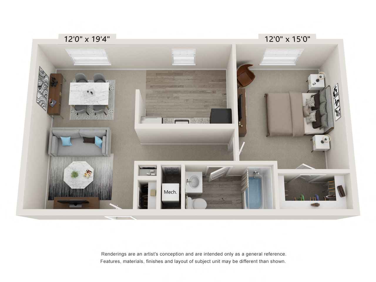 Floor plan for 1 bed, 1 bath, 700 sqft